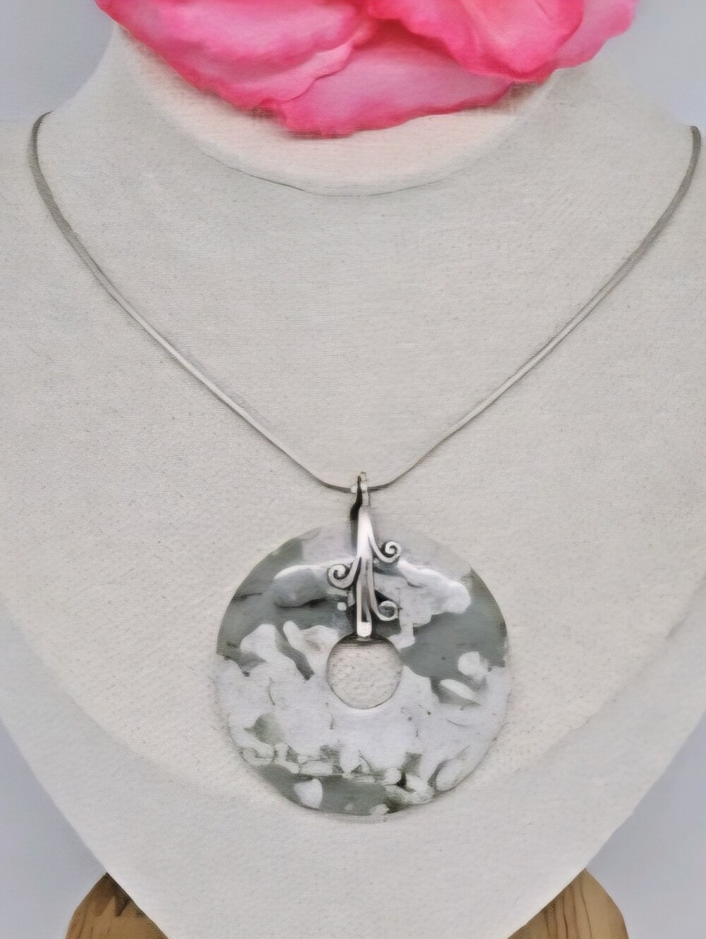 OCEAN JASPER 925 SILVER DONUT STONE Gray Green & White Round Pendant Necklace